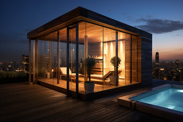 
A rooftop sauna offering breathtaking skyline views of a metropolitan city, providing a luxurious urban escape and panoramic vistas for a unique relaxation experience.

