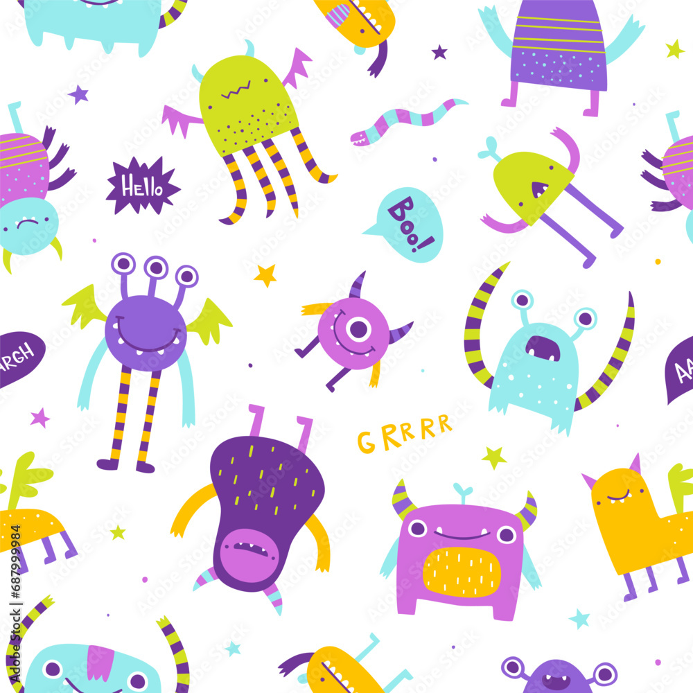 Canvas Prints seamless pattern with different colorful monsters. abstract vector print with naive monsters for kid