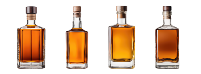 Four different whiskey bottles in a row without label on a cutout PNG transparent background