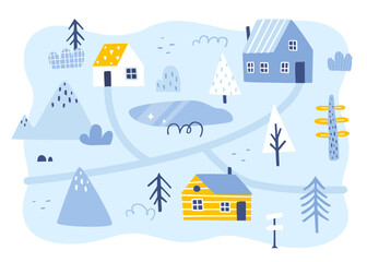 Scandinavian winter map for kids carpet. Vector print with nordic landscape with houses and trees.