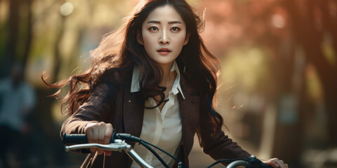 Fototapeta na wymiar Elegant office-style Asian girl on bike.