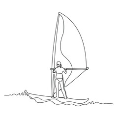 Continuous single line sketch drawing of professional windsurfing athlete woman ride surfboard on ocean wave. One line art of extreme sport and summer holiday vacation vector illustration