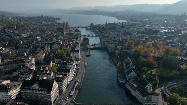 sunny day zurich city central district riverside lake view aerial panorama 4k switzerland