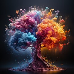 Human brain looks like tree full with creativity, shows multiple bright colors and action.
