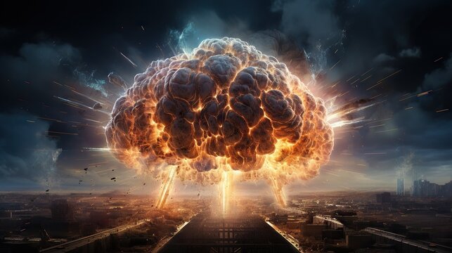 massive nuclear explosion, with dust, burn and lightning looks like human brains over city.