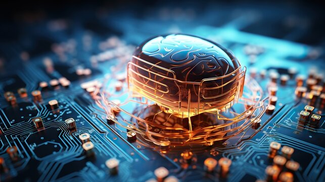 Brain sitting on top of motherboard stylized, with smooth, rounded features and a glossy sheen. Electronic components with futuristic elements.