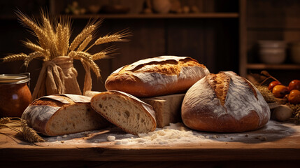 Artisanal Bread Loaves on Wooden Table with Wheat