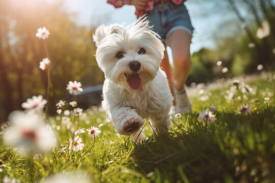 Cute little dog running in park with his unrecognisable owner