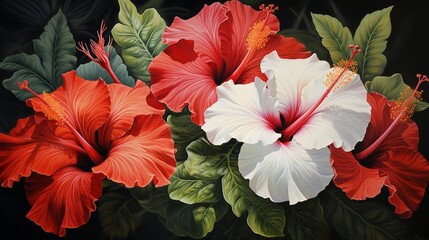 a cluster of hibiscus blooms, with their large and exotic petals, adorns a white canvas