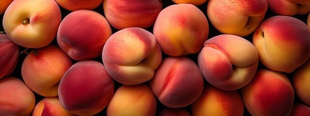Background with juicy pink peaches, texture of delicious sweet peaches. - obrazy, fototapety, plakaty