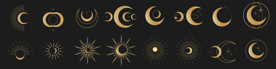 Circle pattern set with clouds, moon, sun, stars. The sun, moon phases, crystals, magic symbols. Vector collection in oriental chinese, japanese, korean style. Line hand drawn illustration EPS 10