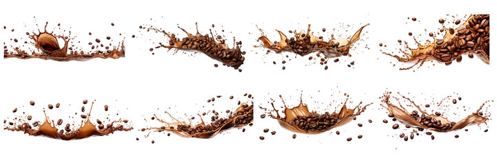 Collection of PNG. Coffee splash with coffee beans isolated on a transparent background. - obrazy, fototapety, plakaty