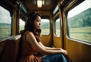 電車に座って窓の外を眺める髪の女性｜レトロな写真 - obrazy, fototapety, plakaty
