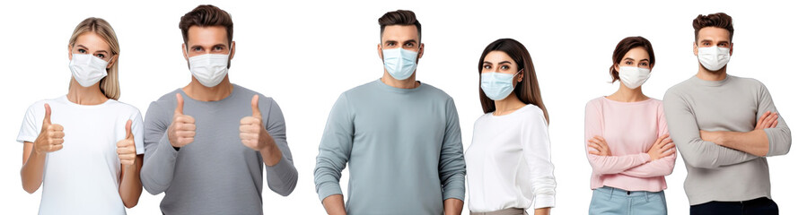 Collection of PNG. Man and woman wear mask isolated on a transparent background. - obrazy, fototapety, plakaty