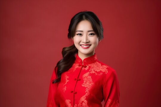 photo of woman wearing a cheongsam suit smiling to welcome tourists shopping in Chinese New Year, isolated on a single color background, copy space . generative ai