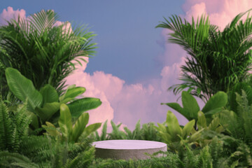 Surreal concrete podium with tropical forest plant blur cloud pink sky nature background.Organic...