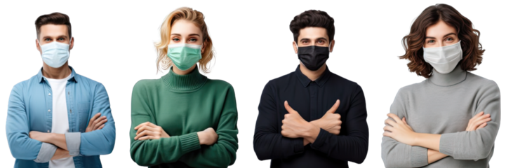 Collection of PNG. Man and woman wear mask isolated on a transparent background.