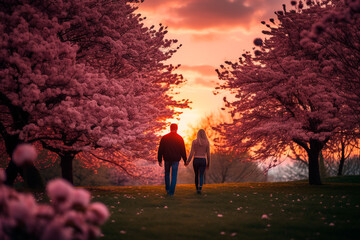 In a park illuminated by the warm hues of sunset, two lovers walk along a path holding hands. There are thin pink clouds in the sky. Spring flowers are blooming all around. - obrazy, fototapety, plakaty