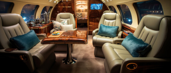 Luxurious private jet interior, leather seats, plush upholstery.