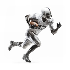 Professional american football player training. Portrait of young man, throwing ball isolated over white background.