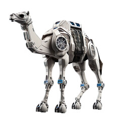 angled view of white robotic animal Camel isolated on a white transparent background  - obrazy, fototapety, plakaty