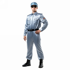 Fototapeta premium Full body of stylish male aviator in uniform standing on white background isolated