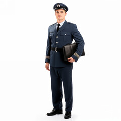 Full body of stylish male aviator in uniform standing on white background isolated