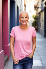 beautiful middle aged woman with short hair in pink t-shirt breast cancer awareness day, Generative AI