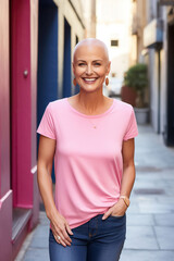 bald middle aged woman dressed in a pink t-shirt and jeans breast cancer awareness day, Generative AI - obrazy, fototapety, plakaty