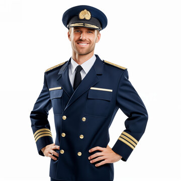 Half body of stylish male aviator in uniform standing on white background isolated