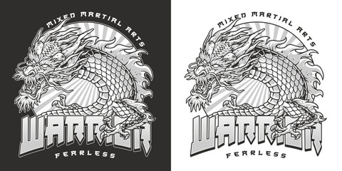 Fearless warrior dragon monochrome sticker - obrazy, fototapety, plakaty