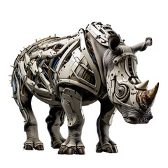 angled view of white robotic animal Rhinoceros isolated on a white transparent background 