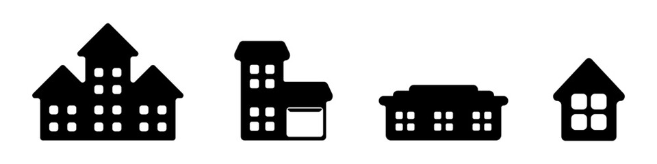 Vector set of black houses icons. Different shapes of houses vector. Vector illustration. Simple building icons.