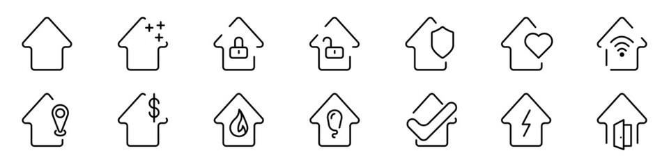 Business icons in houses vector set. Home style vector icons. Set of architectural signs for buildings. A set of houses with different signs. Vector illustration.