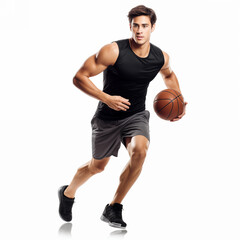 Full length portrait of a female basketball player leading a ball isolated on white background
