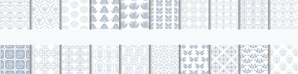 Collection of seamless ornamental vector patterns and swatches. White and grey geometric oriental backgrounds.