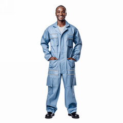 Obraz premium Firefighter isolated on white background. The full body of a smiling African American man in a fireproof uniform.