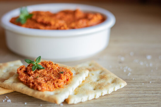 Vegan sausage dip, spanish sobrasada made of cashew nuts and sun-dried tomatoes. Vegan food concept.