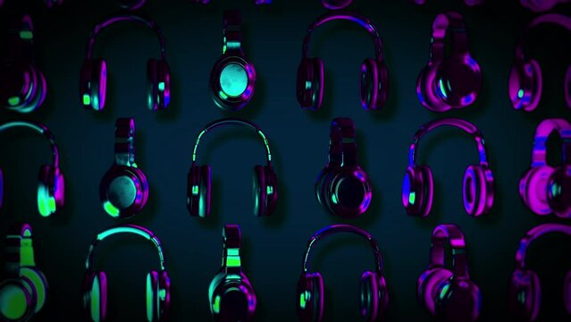 Multiple modern gaming headsets are flying in the dark background. Neon gaming headsets are rotating in the dim background. Gaming headsets are spinning in the black background. 3D Animation