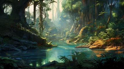 Zelfklevend Fotobehang A painting of a jungle scene © UsamaR