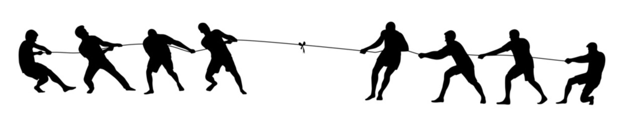 Man  team pulling a rope in tug of war silhouette, concept of compete, teamwork, Teams Playing Tug Of War
