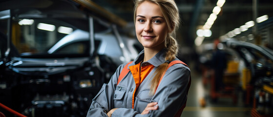 Female engineer worker in automotive factory, with blurred car manufacturing process, assembly line production, woman technician at conveyor, auto industry technology in the background - obrazy, fototapety, plakaty