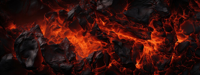 Intense close-up of lava flow and charcoal fire. - obrazy, fototapety, plakaty