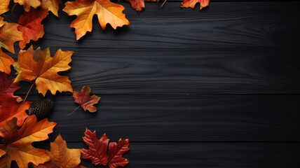 Obraz premium Festive Autumn Decor on Black Wooden Background, Pumpkin aand Leaves on Dark Wood