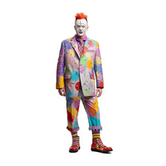 Full length portrait of a clown standing isolated on white background