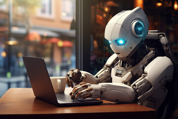 Futuristic robot seamlessly works remotely from a coffee shop, showcasing the harmony of tech and lifestyle. Ai generated