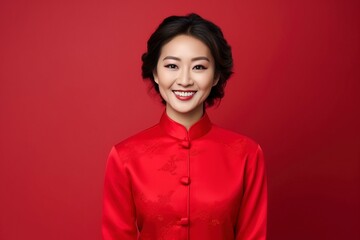 Obraz na płótnie Canvas photo of woman wearing a cheongsam suit smiling to welcome tourists shopping in Chinese New Year, isolated on a single color background, copy space . generative ai