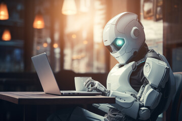 Futuristic robot seamlessly works remotely from a coffee shop, showcasing the harmony of tech and lifestyle. Ai generated