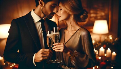 AI generated illustration of a young couple toasting with champagne flutes celebrating New Year