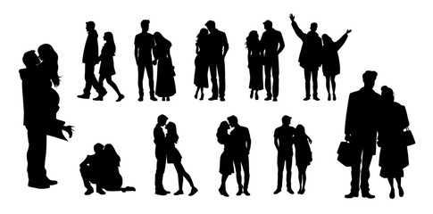 Man hugs woman, sweet couple silhouette, couple standing together - obrazy, fototapety, plakaty